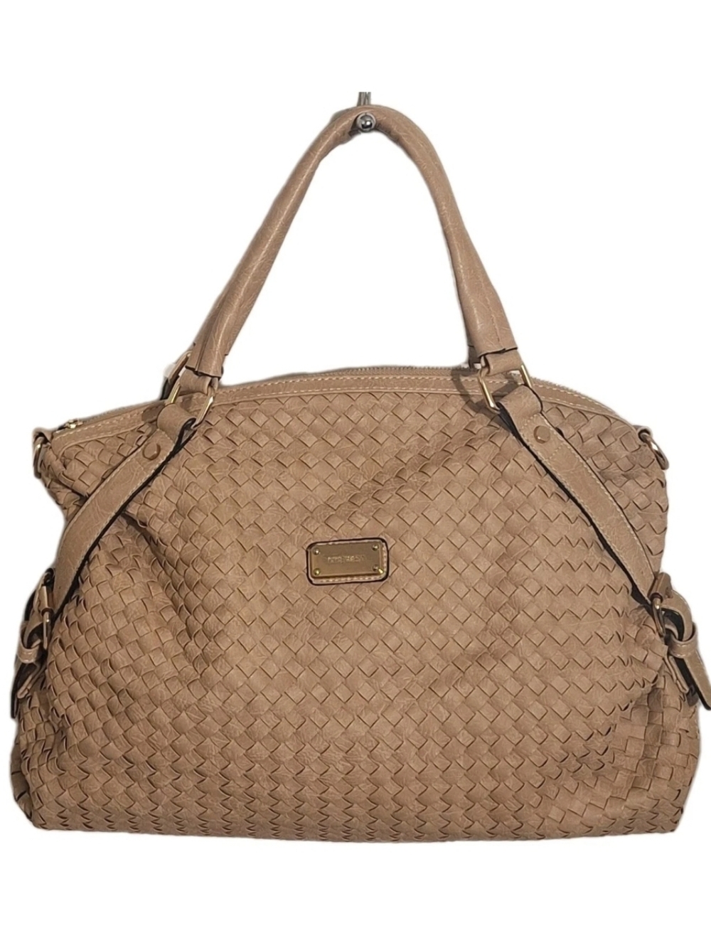Nine West Large Faux Leather Woven Beige Satchel Carry All Crossbody Bag NWOT